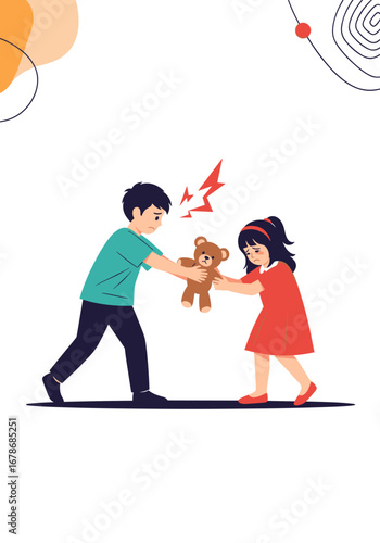 Siblings fight over teddy bear toy with angry expression, sibling rivalry concept, childhood problems