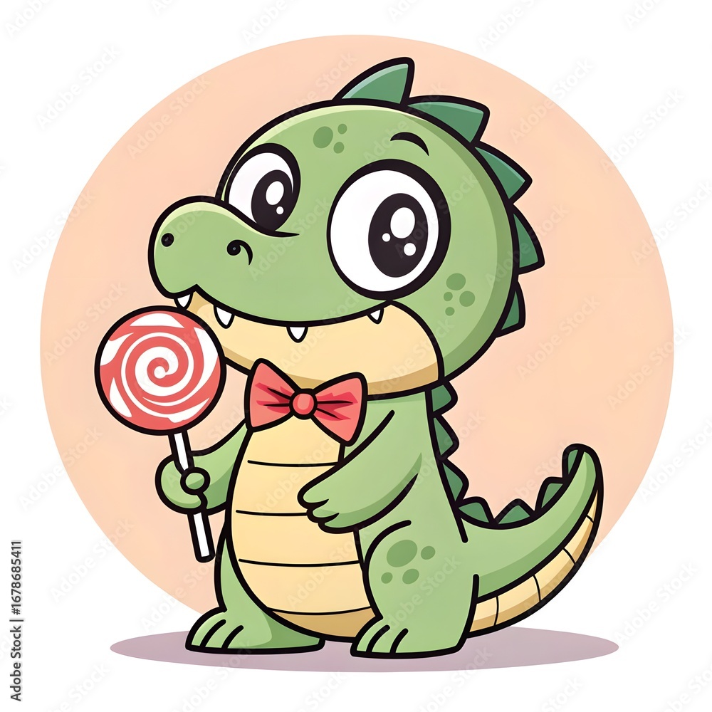 Obraz premium Adorable Chibi Little Gharial Hatchling Playfully Licking A Sweet Candy Bowtie, Kawaii Cute Cartoon Crocodilian Character, Whimsical Fantasy Animal Illustration