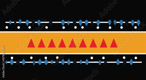 Modern geometric abstract pattern with striking red triangles and blue teardrop shapes