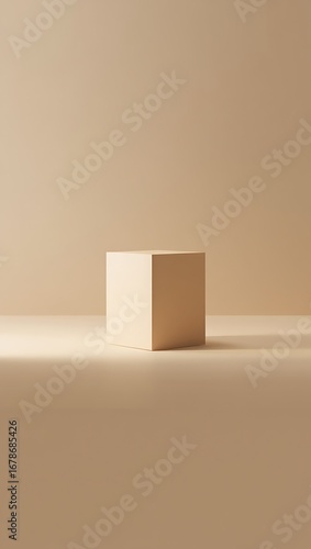 Minimalist beige cube pedestal with soft light and shadow on a neutral background