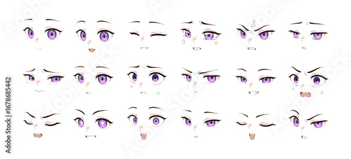Set of anime faces with different emotions. Various facial expressions of manga girls. Happy, sad, crying, angry, shocked and scared characters. Flat isolated vector illustrations on white background
