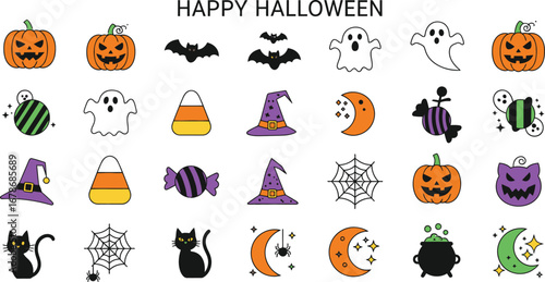 Happy Halloween set of cute cartoon icons for holiday celebration and decoration, vector illustration