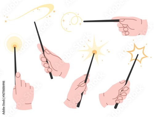 Set of hands holding magic wands. Witchcrafts with sparkling golden spells escaping. Character hands with a wand for magic, sorcery, witchcraft, tricks, shows, performances, carnivals