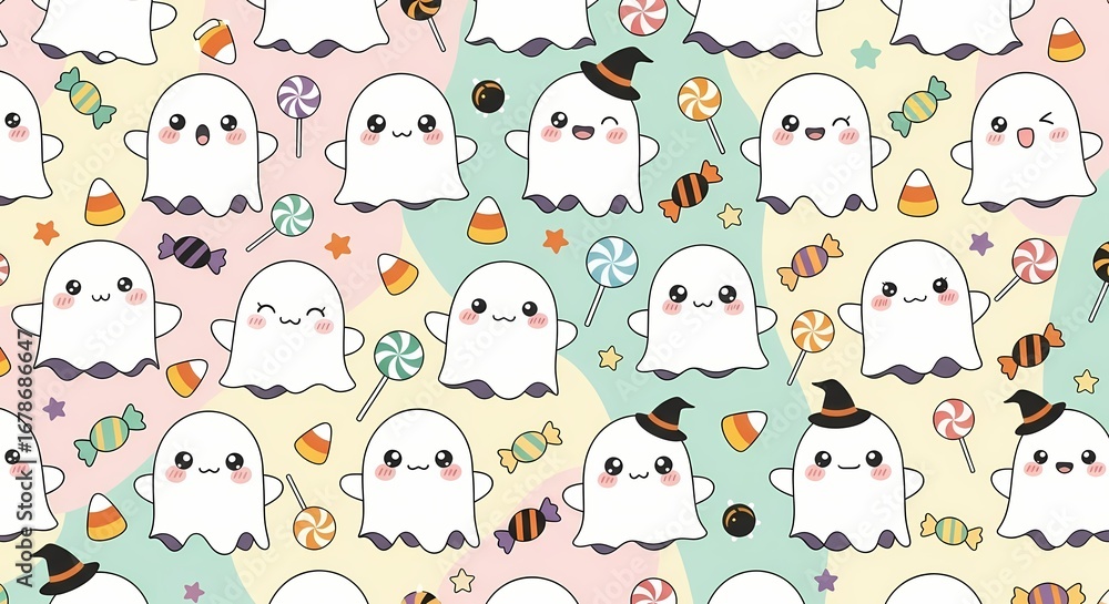 Kawaii Ghost and Candy Seamless Pattern - Cute Halloween Background for Kids