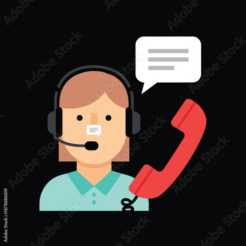 Vector illustration of a illustration of a person wearing a headset with a microphone, holding a red telephone receiver, with a speech bubble