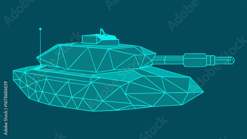 A wireframe representation of a modern military tank rendered in a vibrant cyan hue against a dark teal background