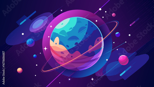 Vibrant cosmic landscape featuring a ringed planet and celestial bodies in deep space