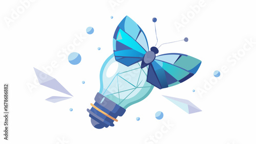 A geometric blue butterfly rests upon a crystal light bulb symbolizing innovation and new ideas