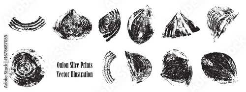 Vector onion rings print collection with grunge textures. Handcrafted vegetable slices for rustic kitchen decor, eco textile, wallpaper, and organic food design.