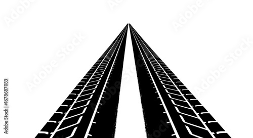 Black tire tracks on a white background, showing road surface and pattern.