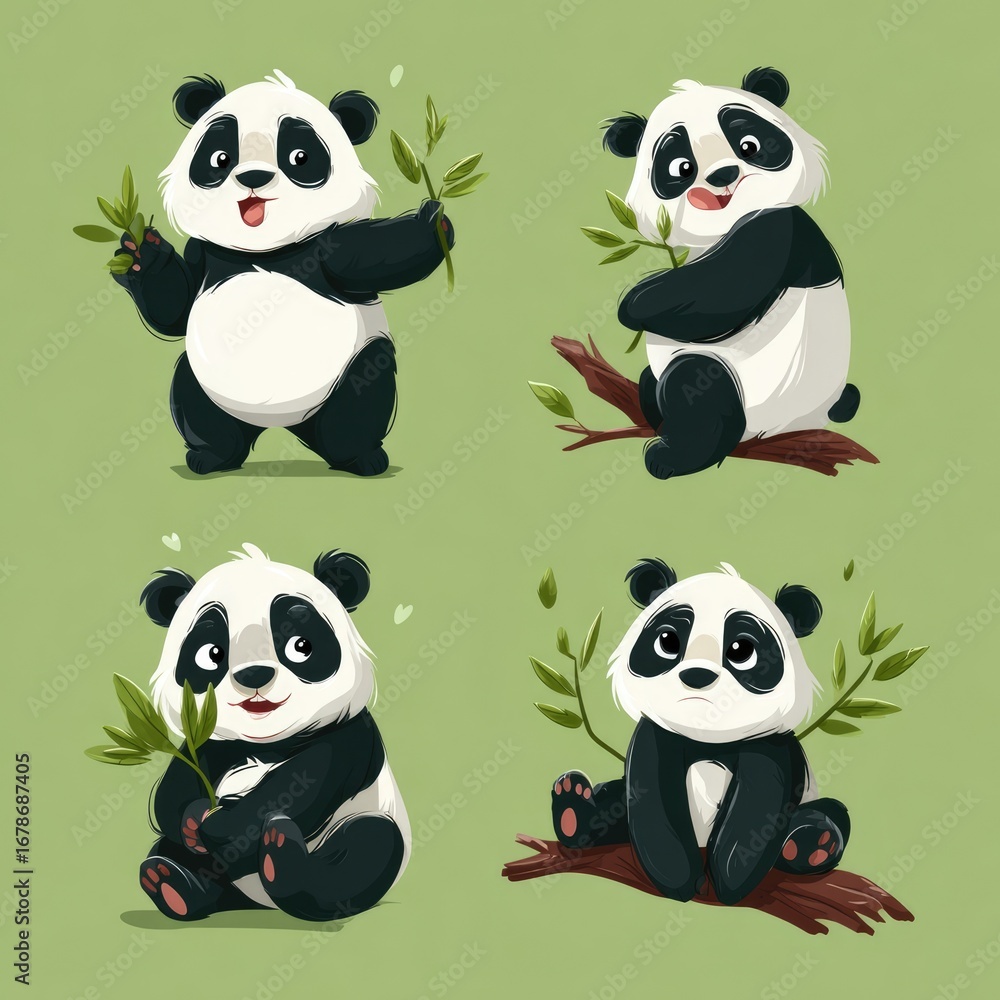 Fototapeta premium Four cartoon panda bears eating bamboo