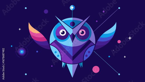 Whimsical geometric owl illustration with a cosmic space theme and vibrant colors