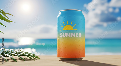 Summer beverage can on a beach with ocean and palm leaves