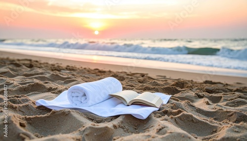 Peaceful Sunrise Beach Scene with Rolled Towel and Open Book