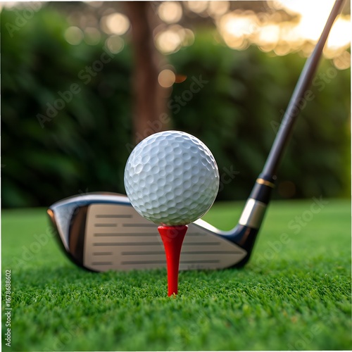 Golf ball resting on a red tee with driver on lush green course ready for a successful drive