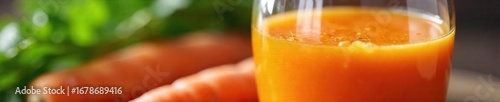 Close-up of freshly squeezed carrot juice in a glass, next to a juicer with carrots Vibrant orange hues, healthy lifestyle concept , pulp, vitality, kitchen
