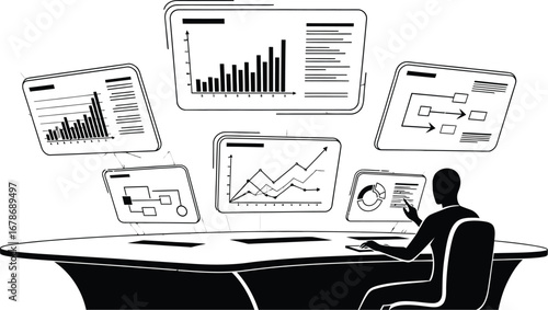 Analyst reviews data charts and flowcharts from above, visualizing business strategy and growth.