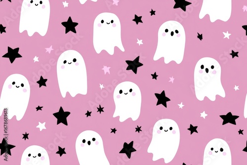 Cute ghosts and stars on a pink background