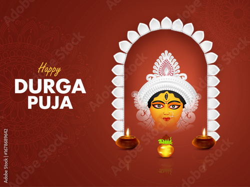 Indian festival celebration with Indian Goddess Durga In Happy Durga Puja Bengali Festival celebration Vector illustration.