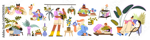 People care about houseplants set. Men and women are growing flowers in pots at home. Characters are cleaning and watering cute house plants. Flat isolated vector illustrations on white background