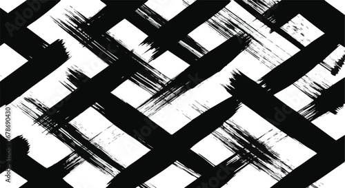 Bold black brushstrokes diagonally intersect against a bright white background, creating a dynamic pattern.