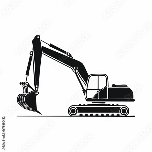 An excavator silhouetted against a neutral backdrop, showcasing its robust structure and design