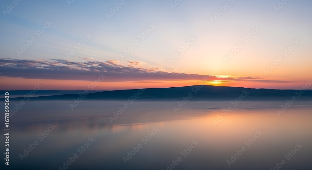Naklejka premium Sunrise over a misty lake with silhouetted layered hills and sun rays