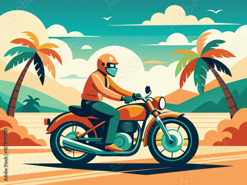 A motorcyclist rides along a tropical beach with palm trees and mountains in the background