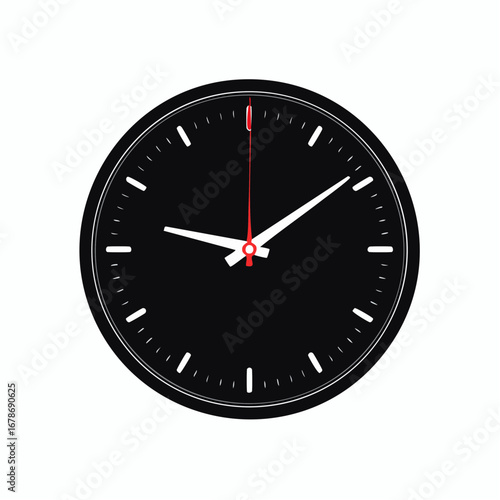 A sleek, modern black clock with white hour and minute hands, and a red second hand