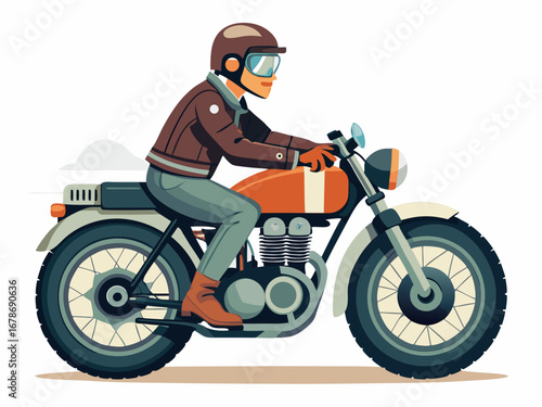 A person riding a vintage motorcycle with a helmet