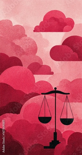 Crimson clouds gather around a balance scale