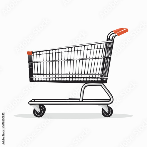 A side view of an empty shopping cart. The cart has an orange handle and is ready for use