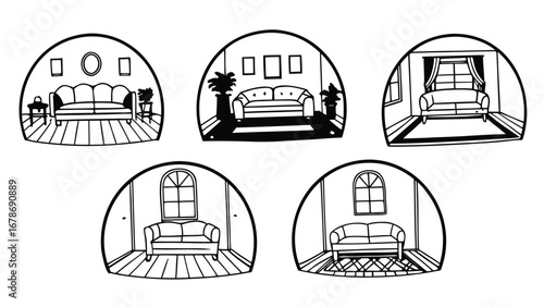Stylish living rooms interior design in semicircle sketch illustration