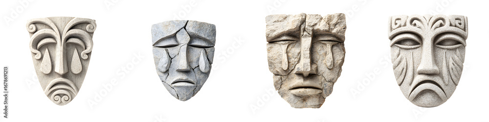 Fototapeta premium Sad Mask Collection: Ancient Greek Tragedy Masks in Stone Style