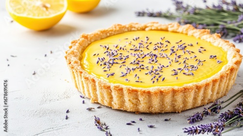 Lemon tart with lavender garnish and fresh lemons on the side
