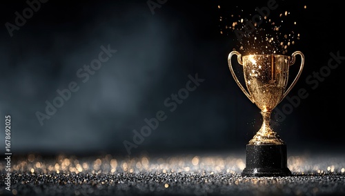 Golden trophy on dark background, celebratory sparks