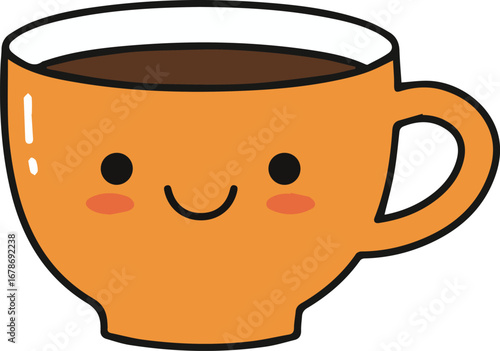 Adorable kawaii coffee cup character with a happy, blushing face, perfect for cheerful designs