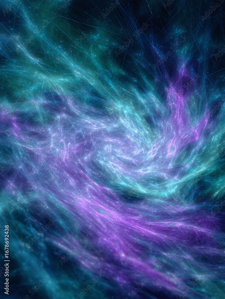 Fototapeta premium Swirling cosmic nebula in blues and purples. Abstract art, great for backgrounds, concepts of energy, the universe, spirituality, or imagination.