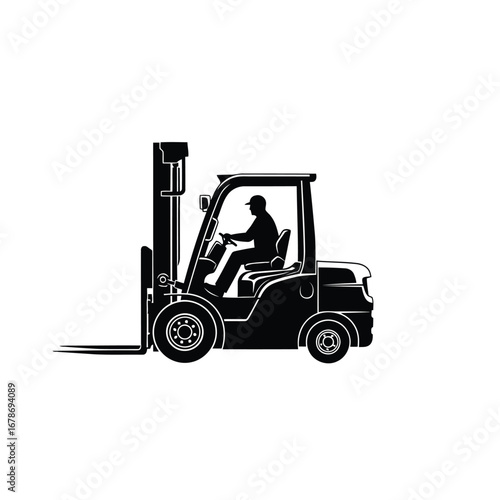 Vector illustration of a silhouette of a forklift truck with a driver inside