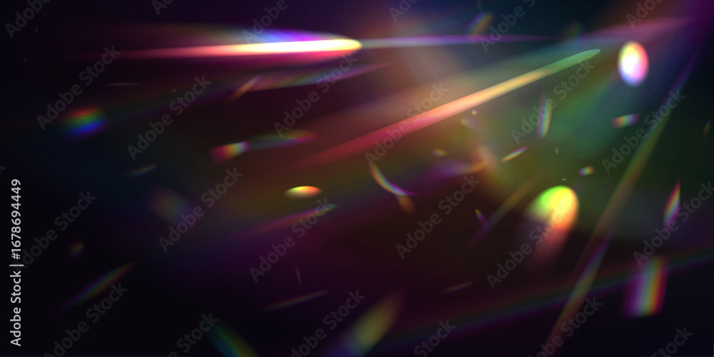 Obraz premium Iridescent crystal leak glare reflection effect adds a shimmering glow to visuals. The prismatic light distortions create a luxurious and futuristic look. Excellent for fashion or beauty design.