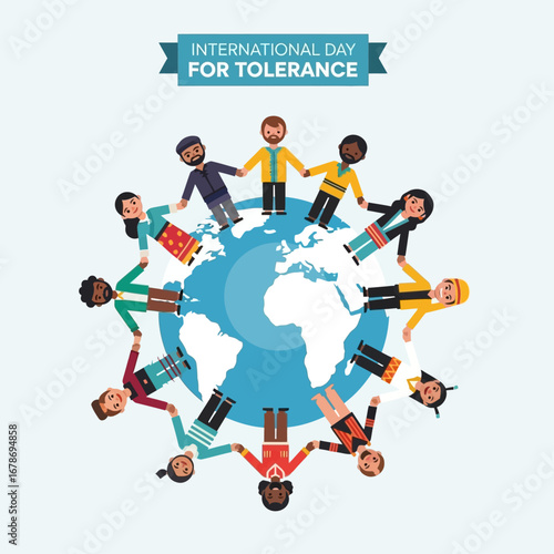 flat vector illustration for International Day for Tolerance, diverse people of different cultures and ethnicities holding hands around the world, peace and harmony theme, modern clean poster design