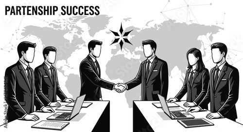 Adobe Illustrator Confident business partners shake hands sealing global deal with team success at modern meeting