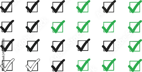 Checklist progress with green and black checkmarks in squares showing completion and tasks done
