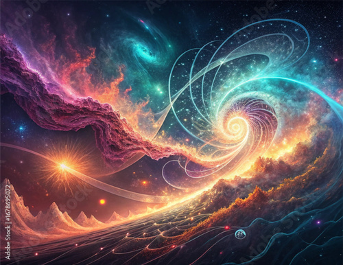 Vibrant cosmic energy waves, galaxy inspired abstract light patterns, futuristic space digital background