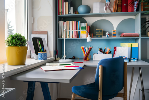 Teenager's room. Interior. Colorful teenage study desk with books and school supplies. Student's desk and chair.