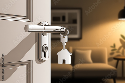 Wallpaper Mural Modern House Keys on Door Handle: Warm Evening Interior, New Home Concept Torontodigital.ca