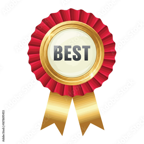 Vector illustration of a red and gold rosette award ribbon with the word best in the center, symbolizing first place, quality, or top recognition