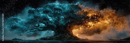 Massive, luminous tree, split between teal and orange/gold, glows against a starry night.  Foggy, misty backdrop