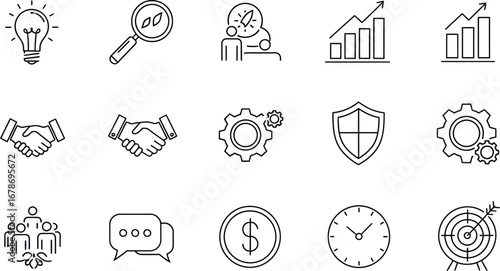 Modern business icons symbolizing growth, teamwork, strategy, and success for professional presentations