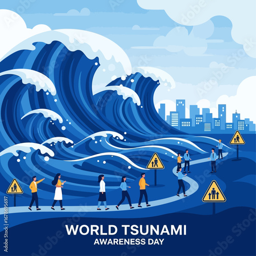 flat vector illustration for World Tsunami Awareness Day, large ocean waves approaching a coastal city, people evacuating to higher ground with safety signs, educational poster style, clean modern des